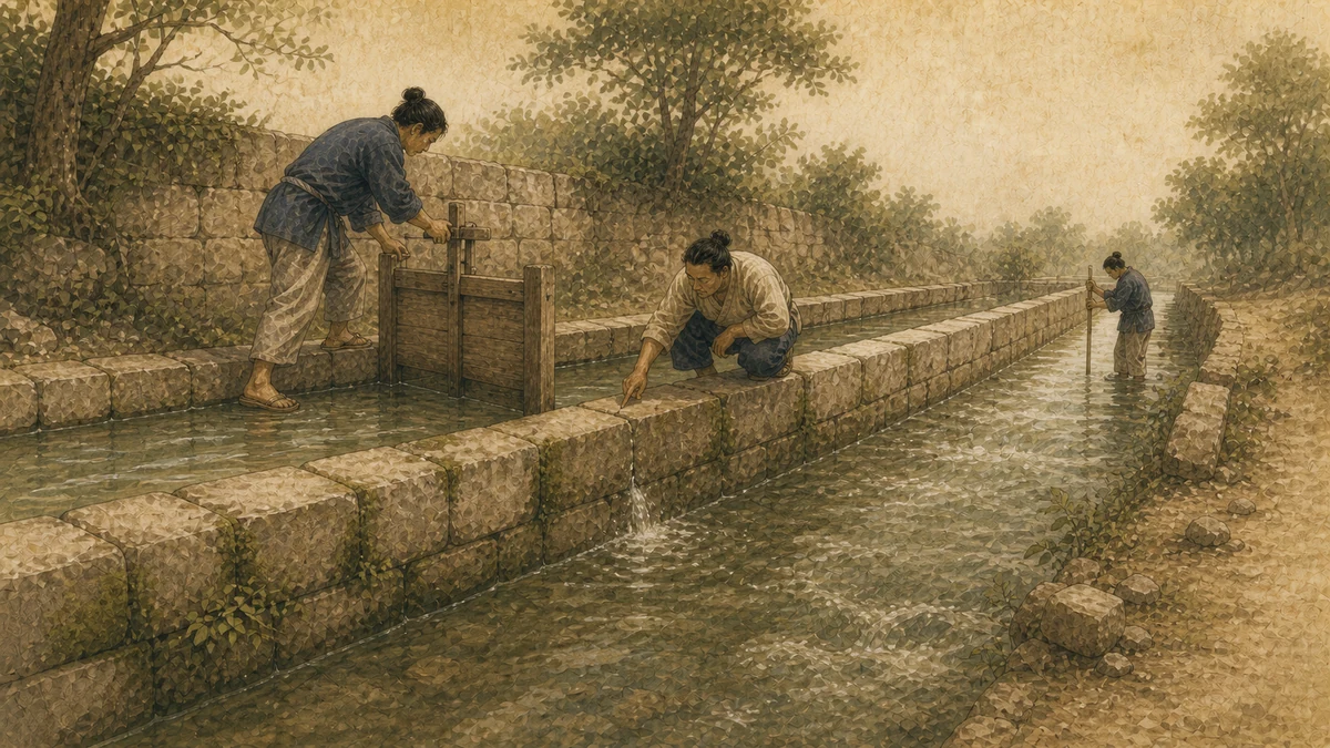 横長の石造りの水路で、作業員が一つの区画だけを木の仕切りで止め、別の人がひびの位置を指し、離れた担当者が下流の水量を目視している場面