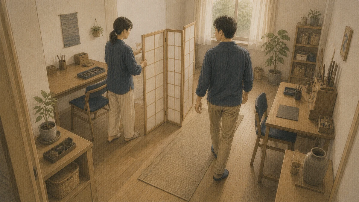 二人の同居人が、片方は折り畳みの衝立を広げて別々の作業場所を作り、もう片方は共有通路が塞がれていないか足元を確かめる室内
