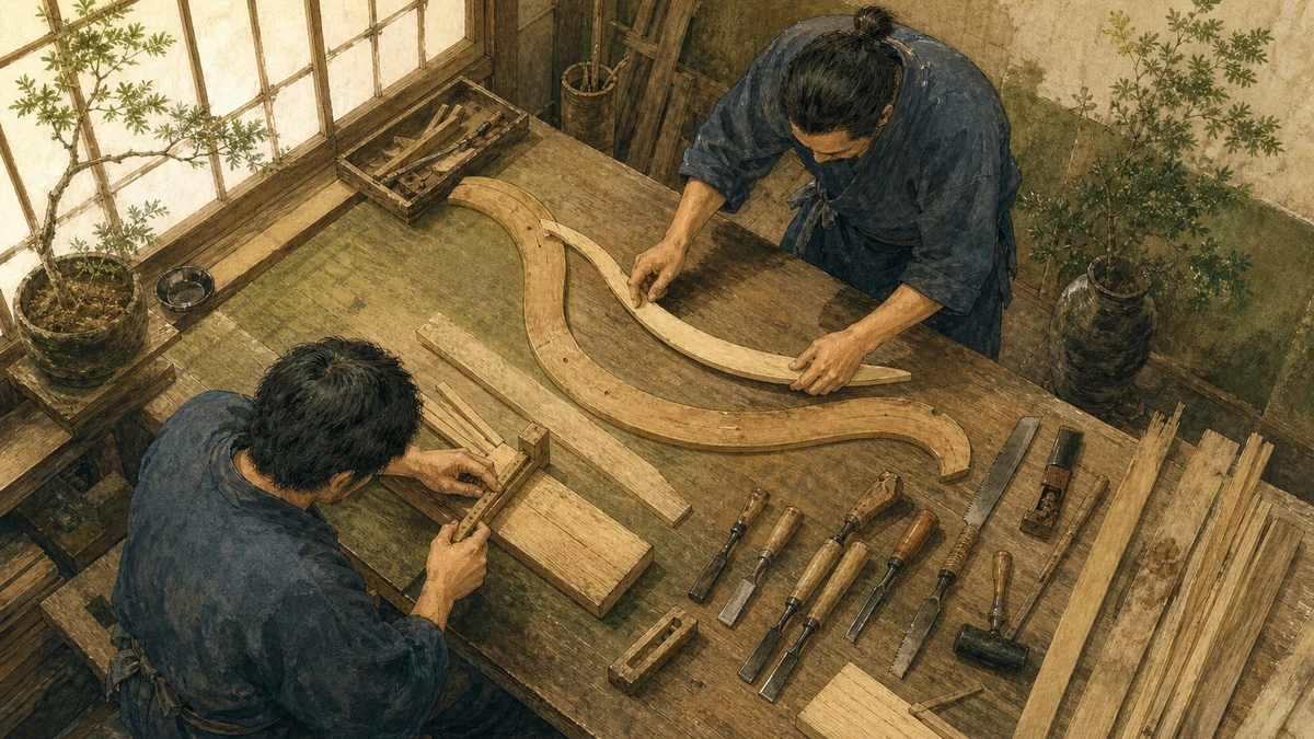 共同工房を真上に近い角度から見下ろし、中央の基準型を使って一人が部材を測り、別の人が形を確かめている風景