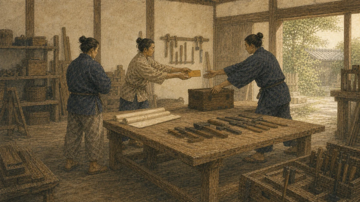 共同の台帳を囲む人々が、担当札を付け替えて次の当番へ作業を引き継いでいる場面