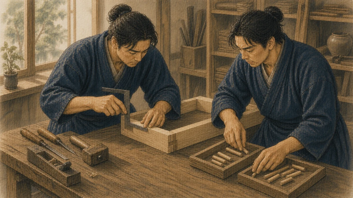 共同の木工作業台で、一人が中央の木材へ差し金を当て、もう一人が留め具を二つの盆へ分けながら接合部を確認する二人の家具職人