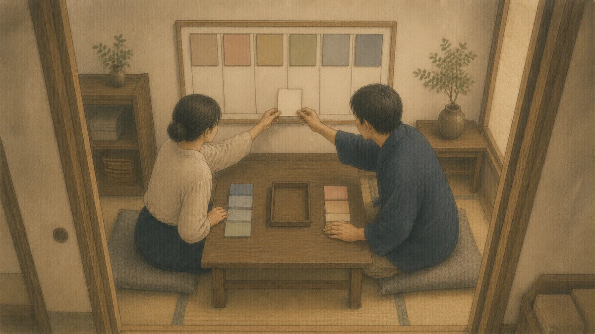 二人が別々の希望カードを残しながら、中央の共通目標だけを予定表へ移している場面
