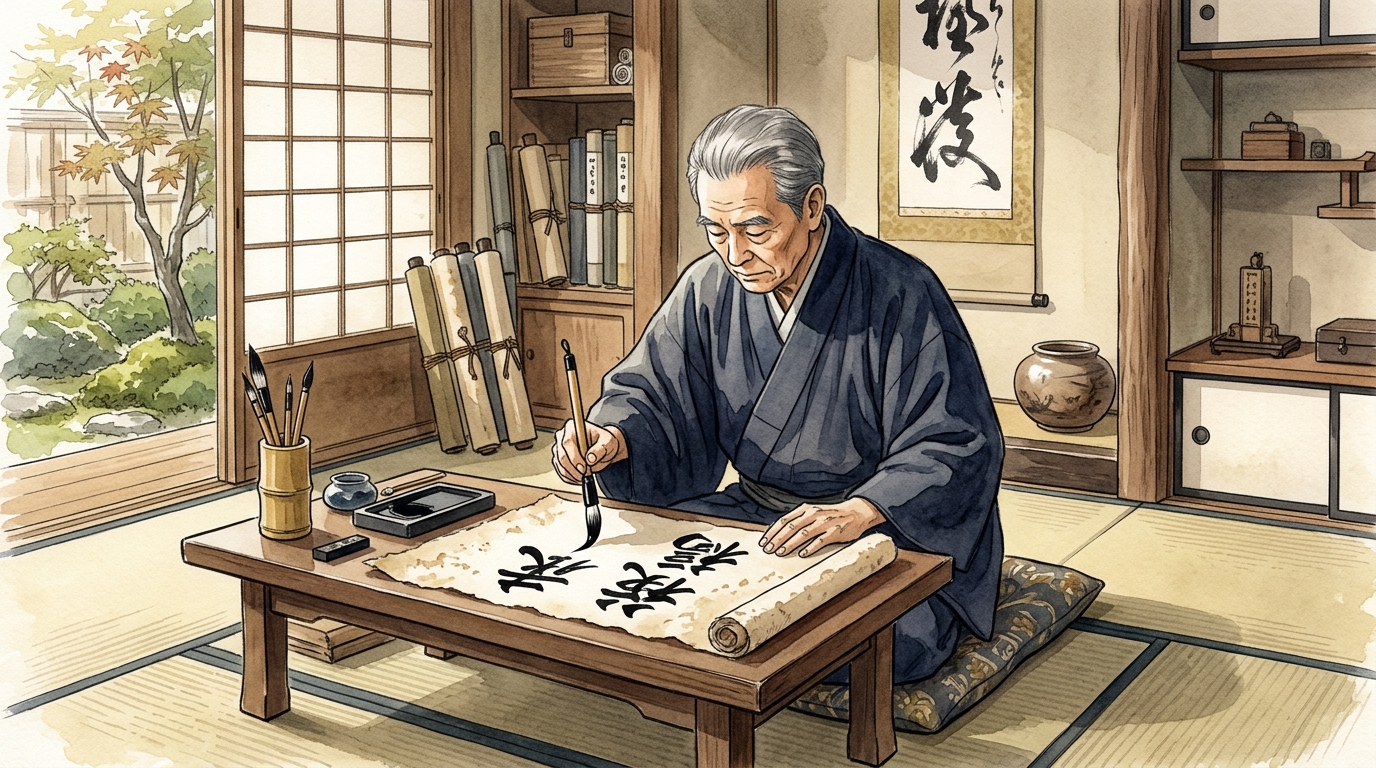 大正時代の書道家が和紙に毛筆で漢字を記す姿。姓名判断の五格は熊崎健翁が大正〜昭和初期に体系化した