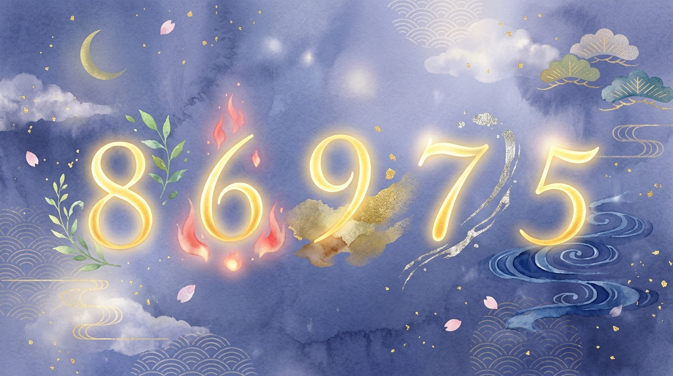 五行の色（木・火・土・金・水）を表す五つの光る数字が弧を描いて浮かぶ、姓名判断の吉数イメージ