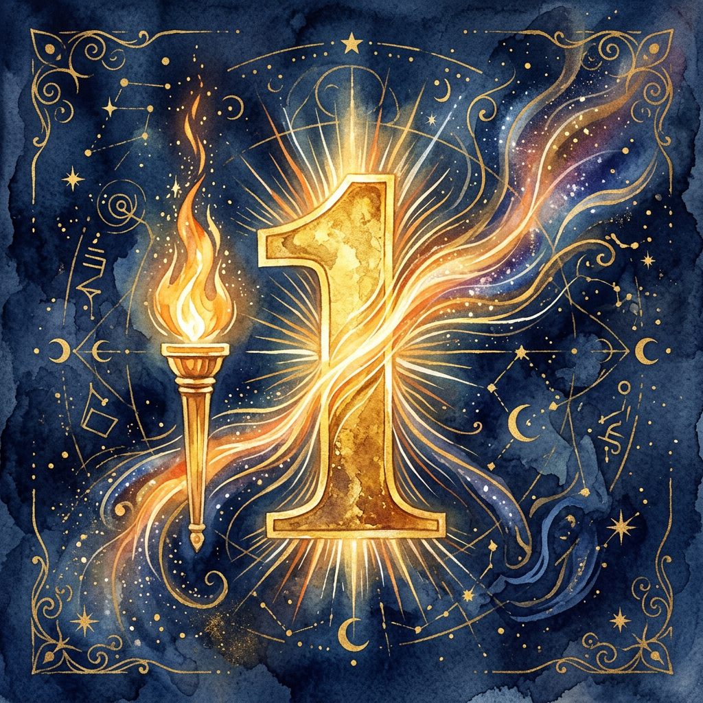 数秘術1を象徴する金色の数字とリーダーシップのエネルギー