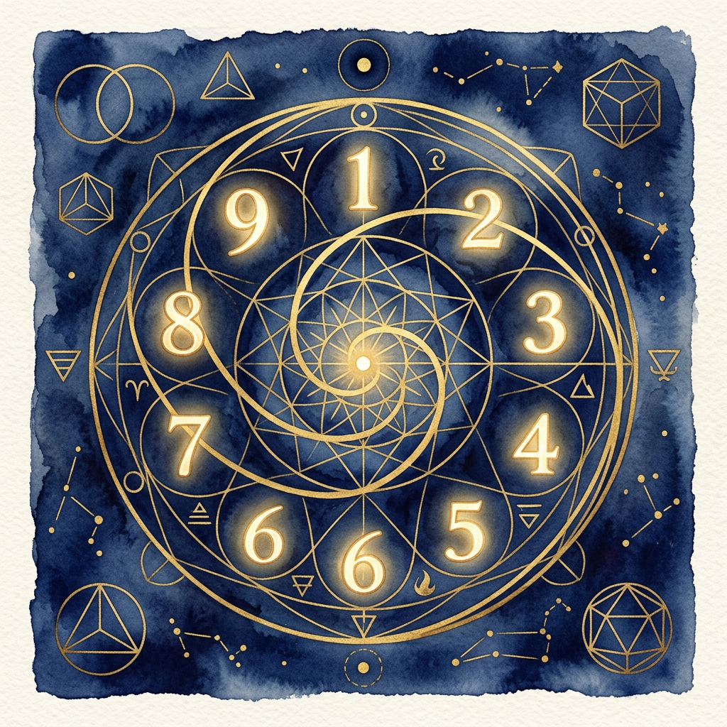 ピタゴラスの数秘術と聖なる幾何学：1〜9の数字と黄金比スパイラルのイラスト