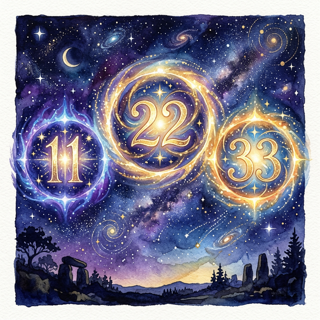 数秘術のマスターナンバー11・22・33を象徴する3つの輝く宇宙的な光のオーブ