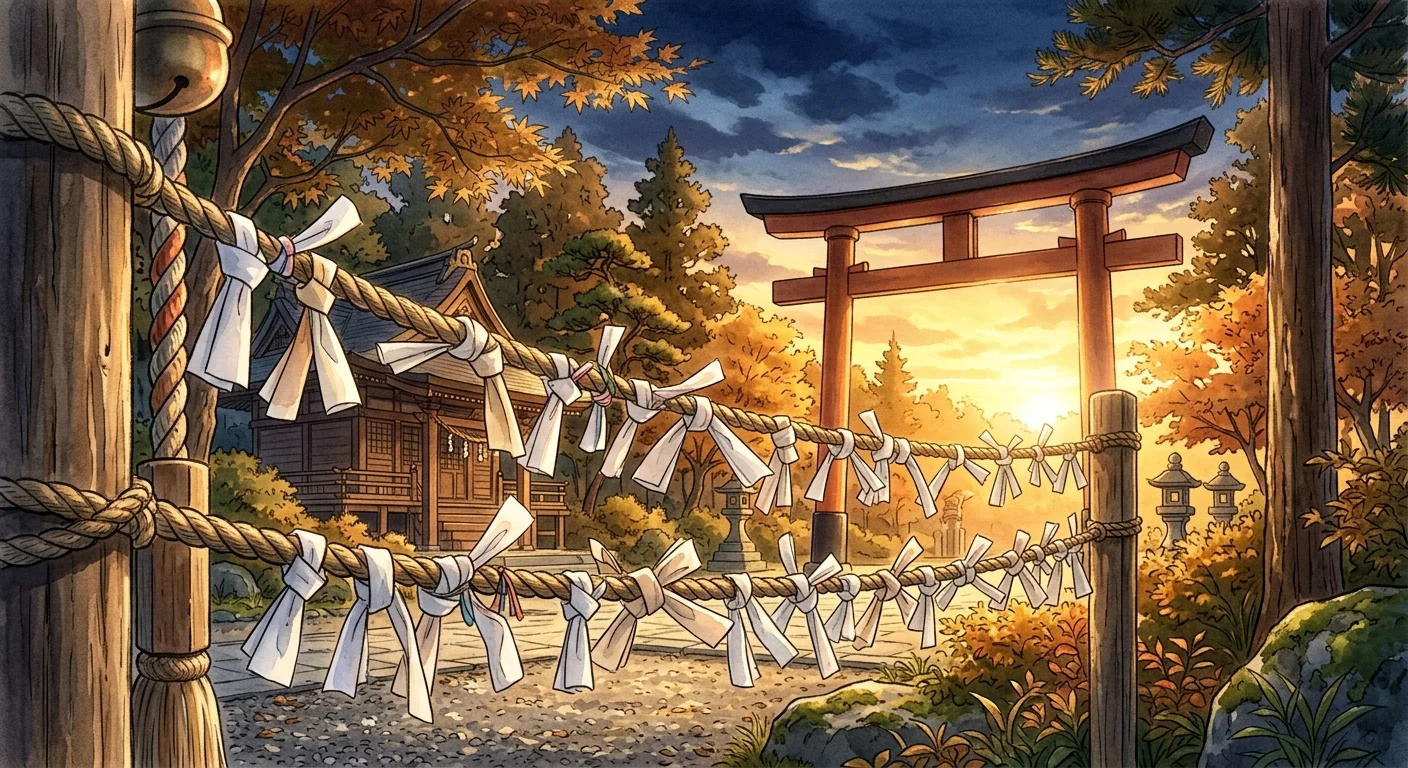 神社に結ばれたおみくじのイラスト