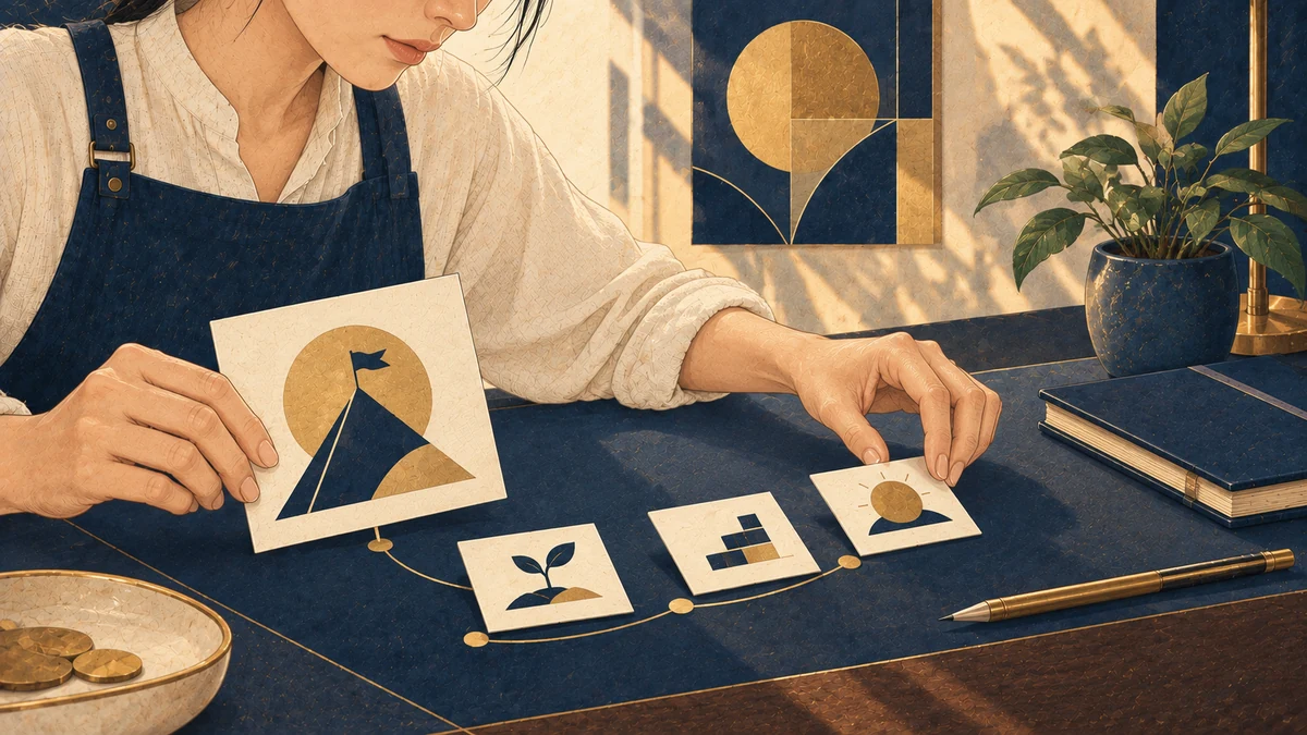 大きな目標を三つの小さな段階へ分け、上向きの道筋として並べる人の手元を描いた編集イラスト