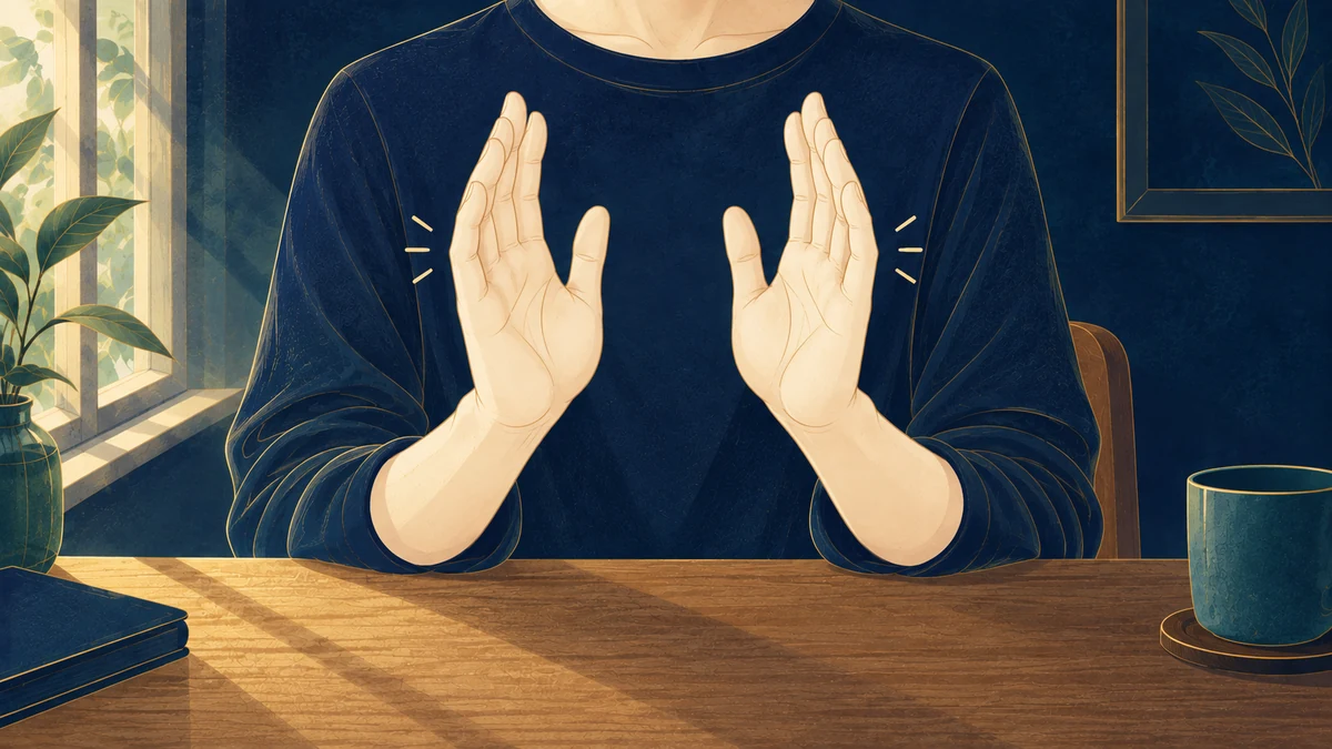 同じ自然光の下で左右の手の小指側の厚みを見比べる様子