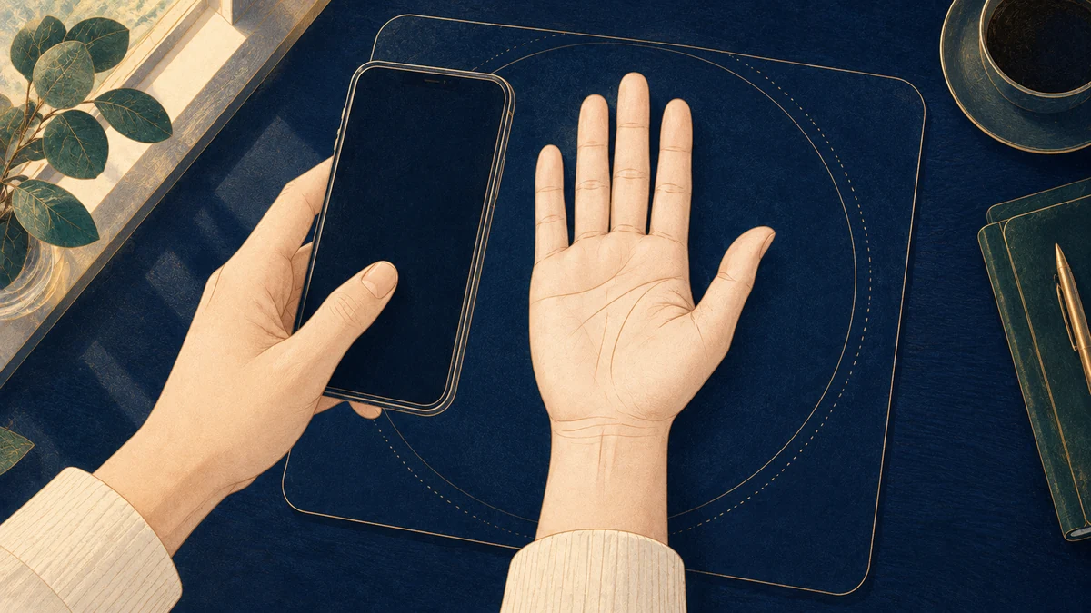スマートフォンで右手の手のひらを同じ条件で撮影し第一火星丘の変化を記録する様子