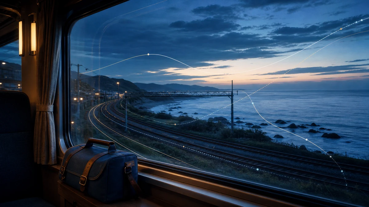 月丘の旅行線が示す移動や遠方との縁を、海沿いを走る列車と新しい景色で表したイメージ