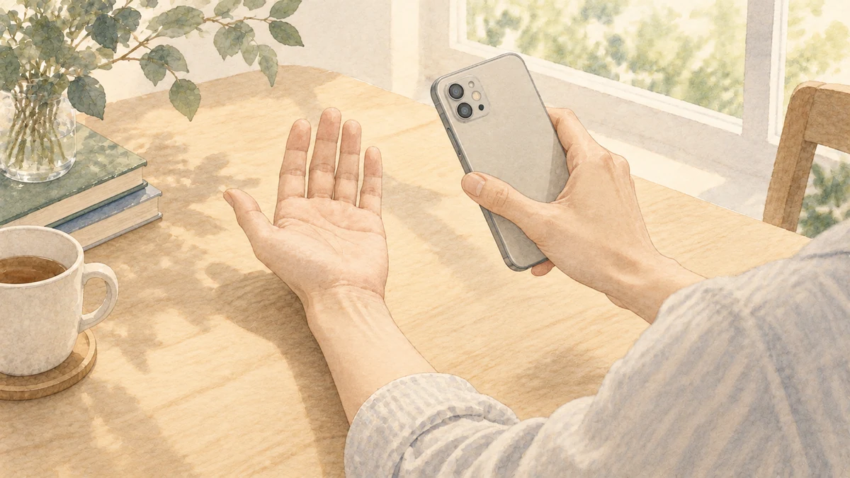 窓辺で手のひらを自然に開き、反対の手のスマートフォンで手首まで撮影する人