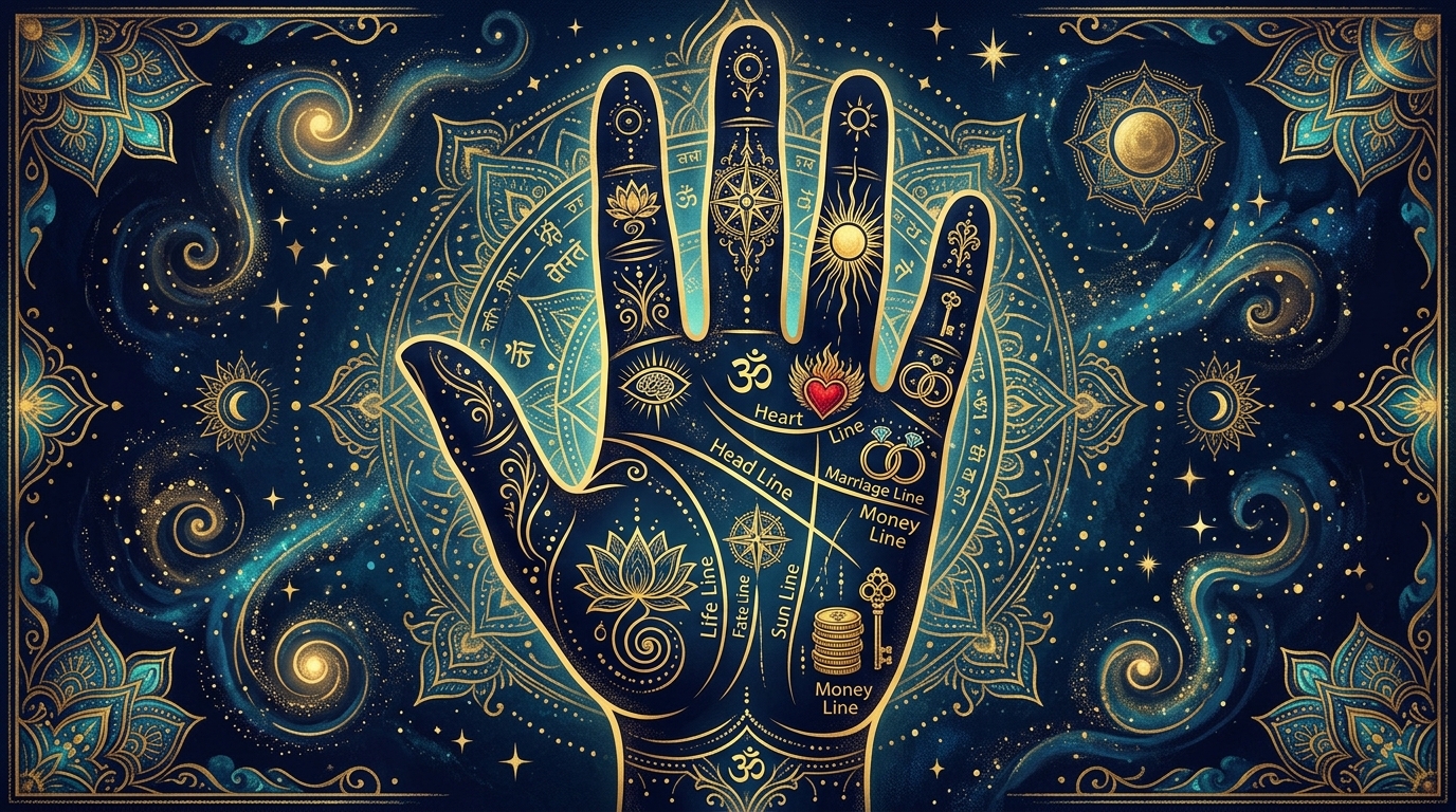 手相の7大基本線を示す手のひらのイラスト