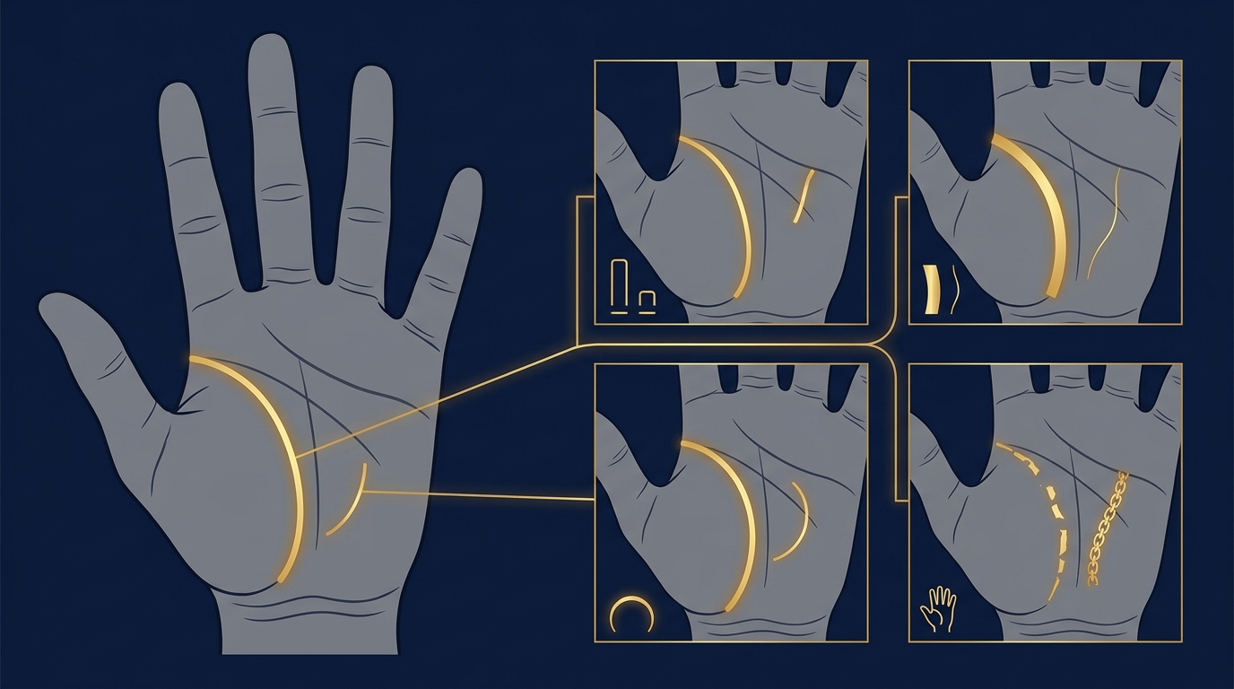 手相の生命線の長さ・太さ・カーブの違いを示すイラスト