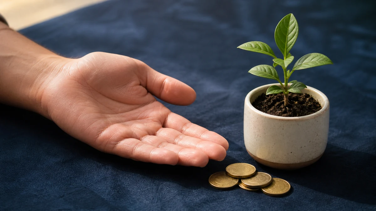 手のひらと若い植物とコインで積み重ねを表した生成画像