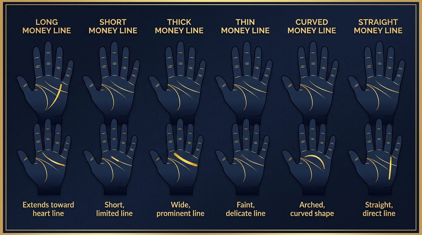 手相の財運線のパターン別比較イラスト