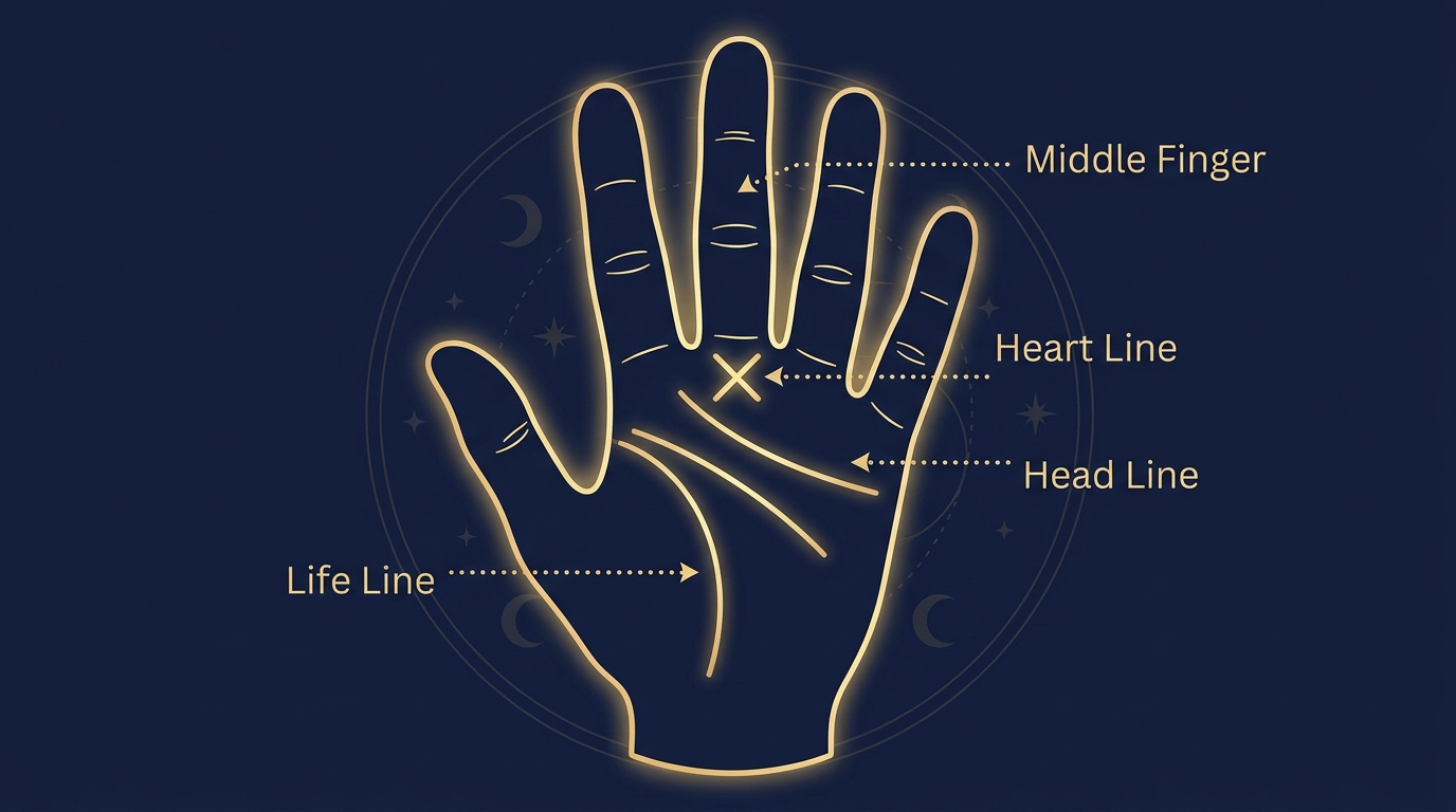 手相の神秘十字線の位置を示すイラスト