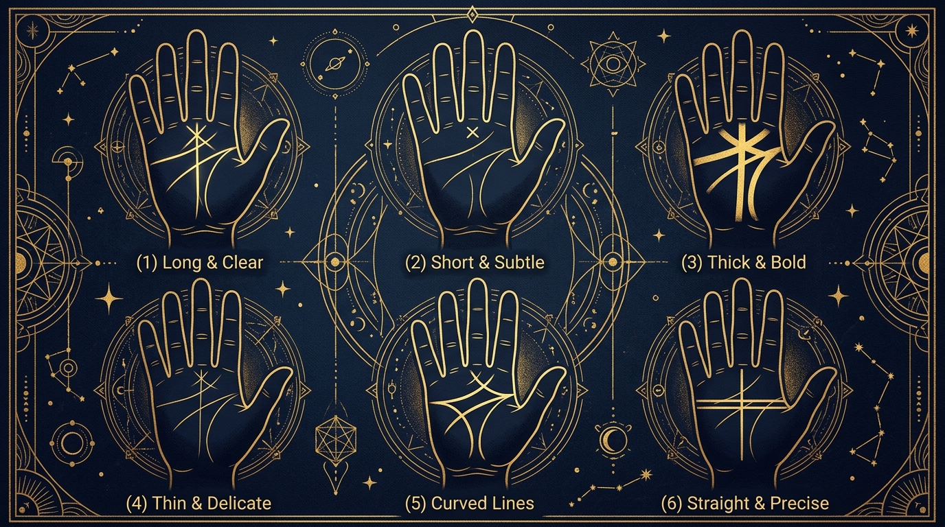 手相の神秘十字線のパターン別比較イラスト