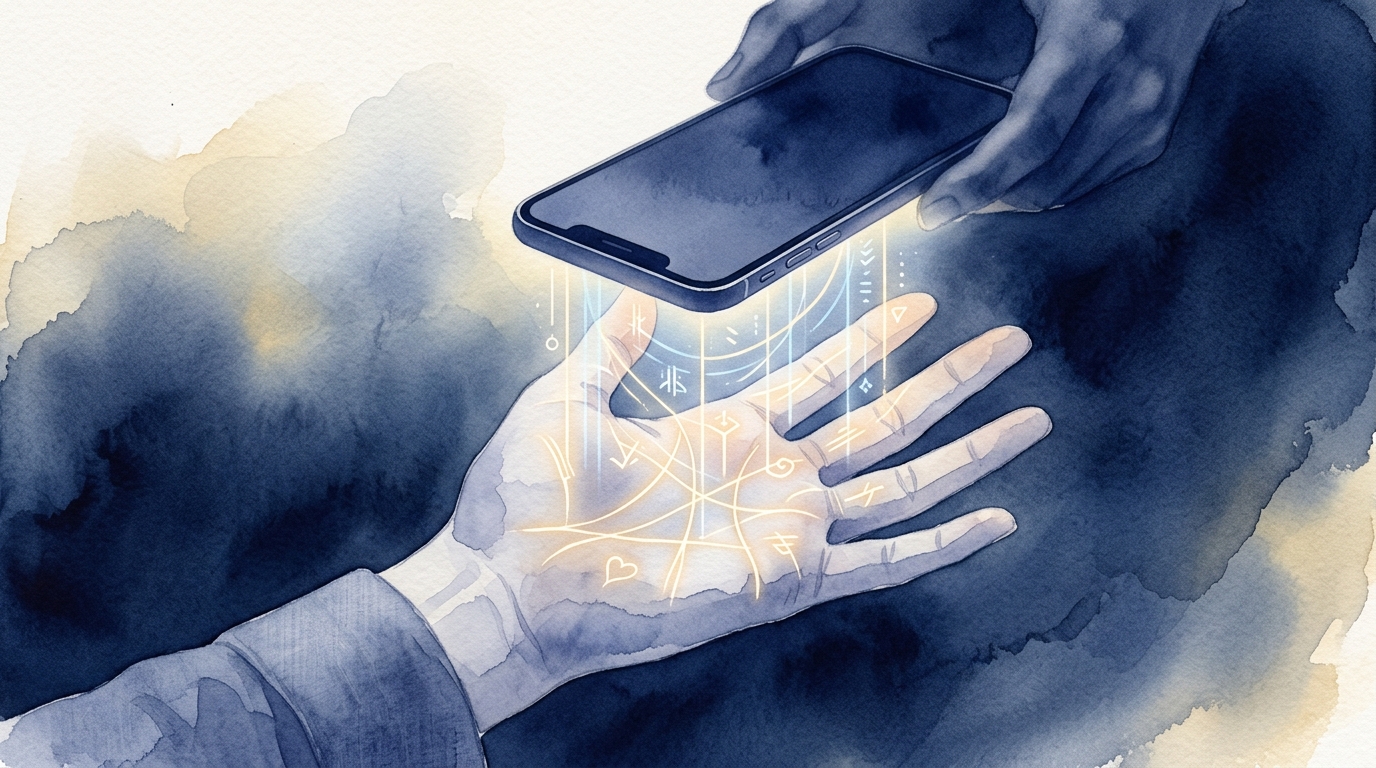 スマホとAIで手相を確認するイメージ。手のひらの線をデジタルで読み取る水彩イラスト