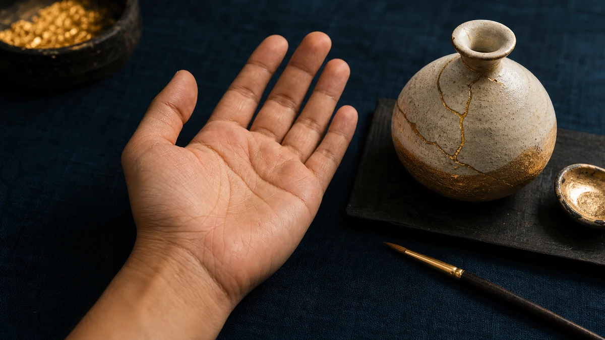 手のひらと金継ぎの器を並べて表現の積み重ねを表した生成画像