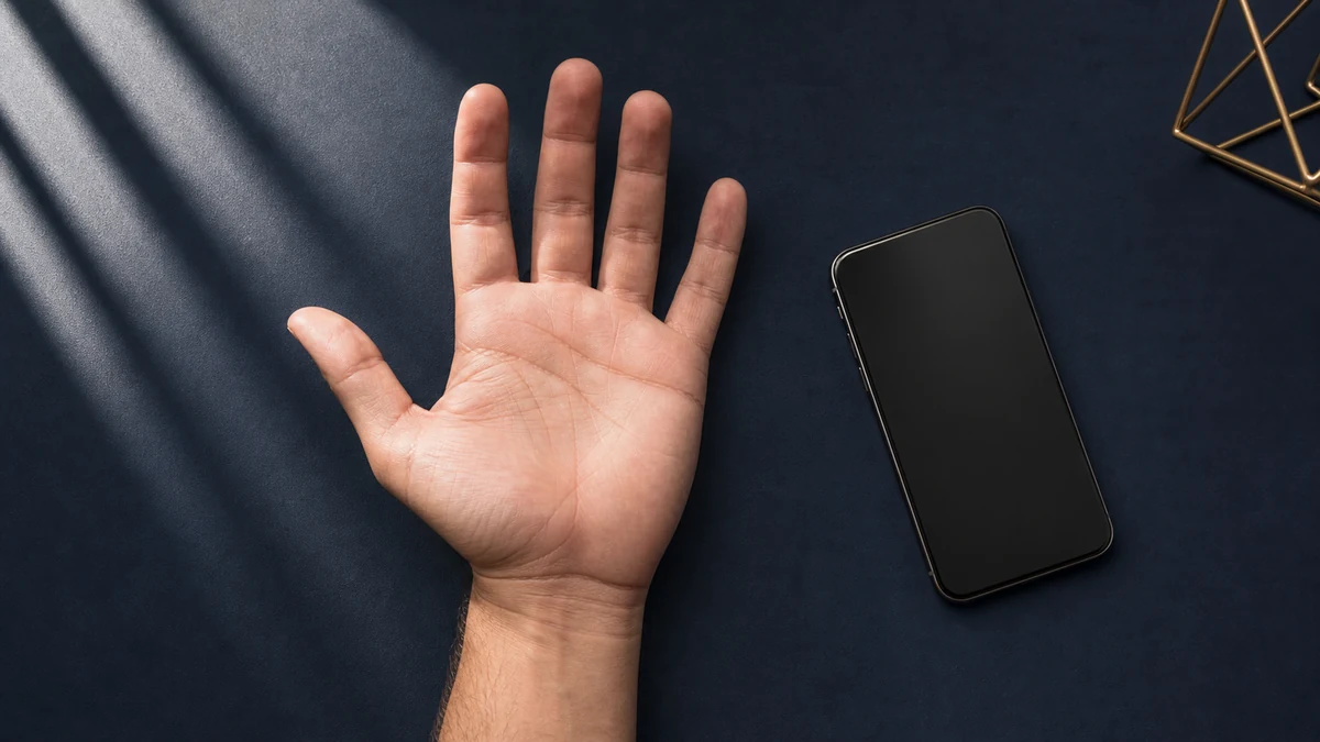 右手の手相を同じ光と姿勢でスマホ撮影し、トライアングル候補を記録する様子