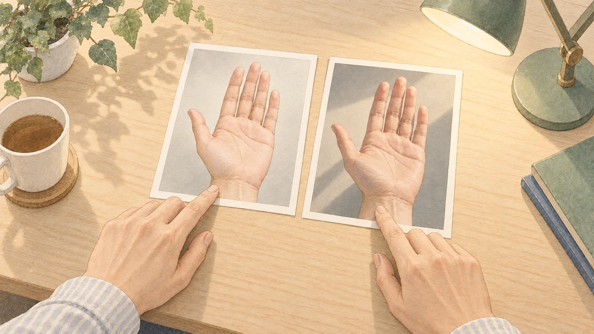 同じ右手を異なる光で撮った写真を並べ、影の違いを見比べる様子