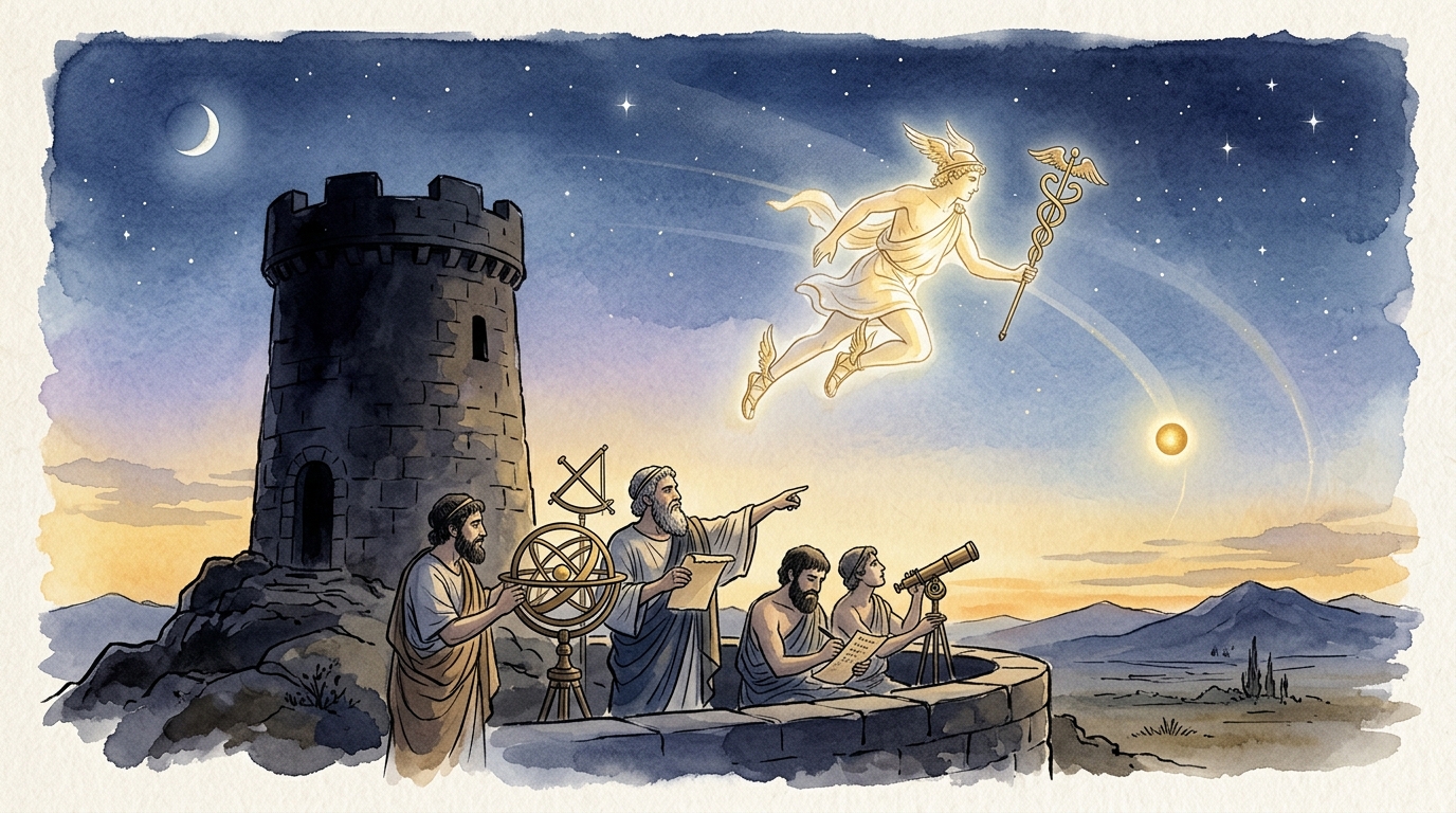 古代の天文観測と水星のシンボル（ヘルメスの杖と暁の空）