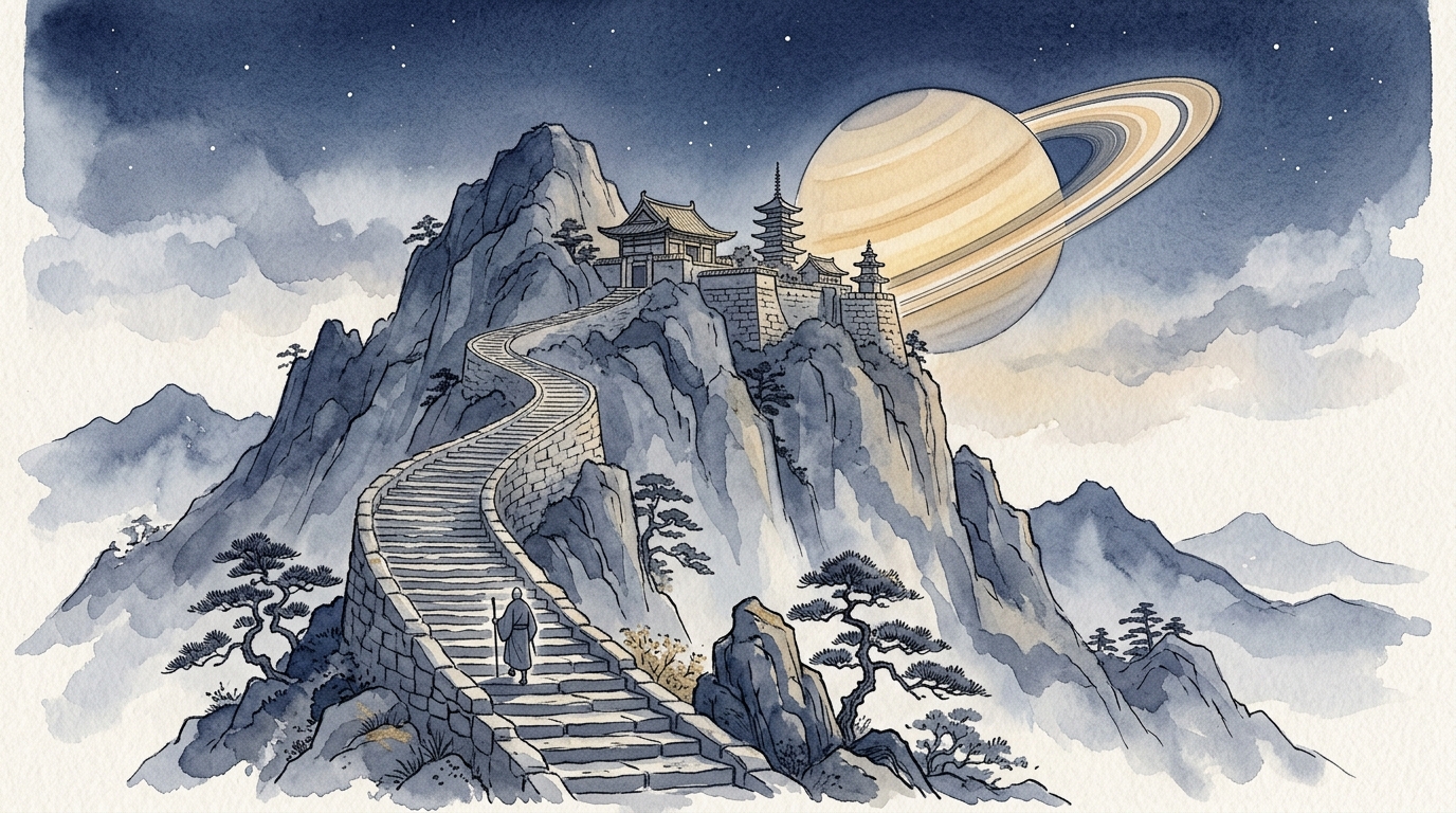 長い石階段を登り山頂の土星に至る成熟の道のりイメージ