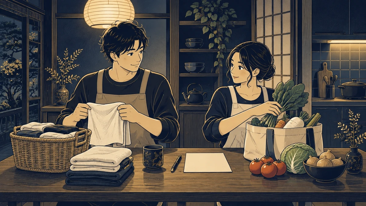 洗濯物を畳む人と買い物の内容を確認する人が家事の分担を相談する