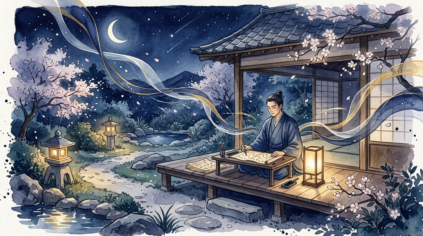 月明かりの下で星図を研究する東洋の学者のイラスト