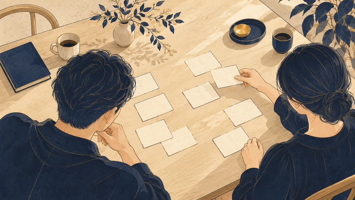 担当範囲を示すカードを机に分け、相談しながら仕事を割り振る二人