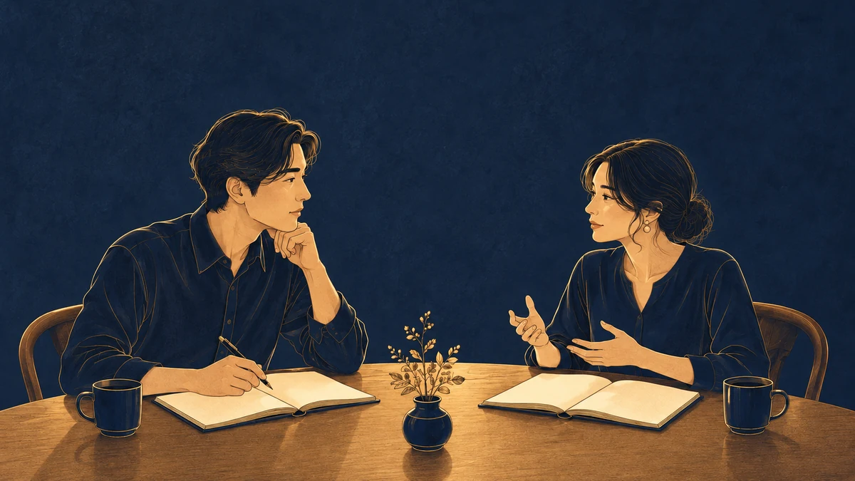 同じ机を囲む二人が、それぞれのノートを持ったまま話し合う様子