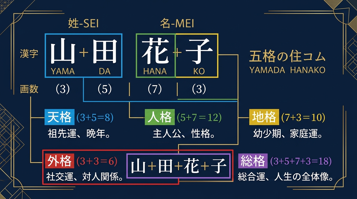 姓名判断の五格（天格・人格・地格・外格・総格）の計算図