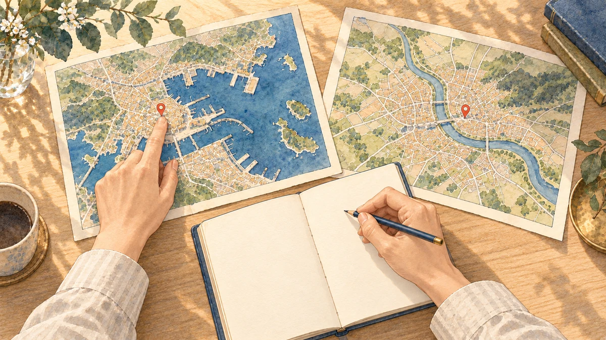 二つの都市の地図を比較し、回帰図に使う場所をノートへ記録する人