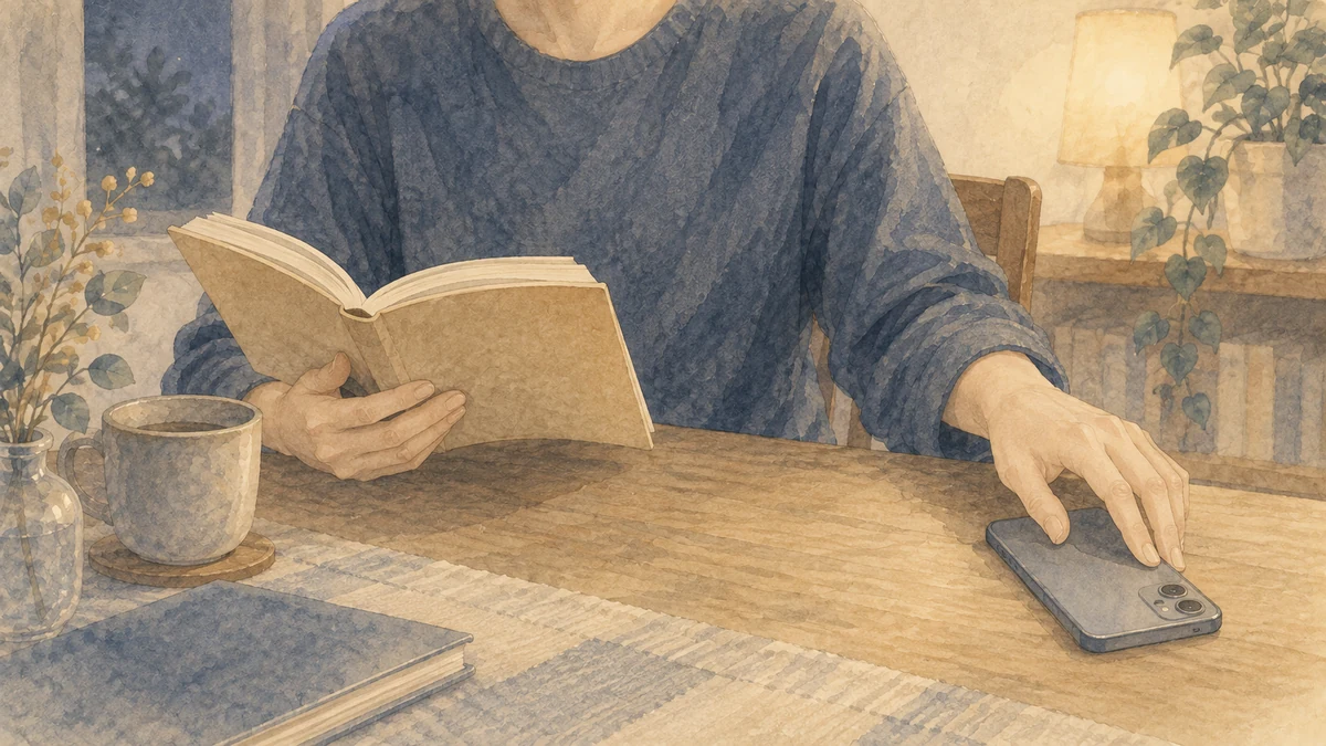 スマートフォンを伏せ、開いた本を手に読書へ戻る人