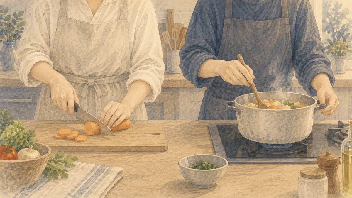 栄親の助け合いの例として、野菜を切る人と鍋を混ぜる人が料理を分担する