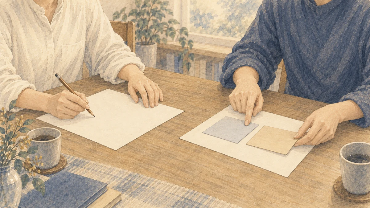 栄親の結婚の話し合いで、それぞれの紙に希望を書き、二枚のカードを並べる二人