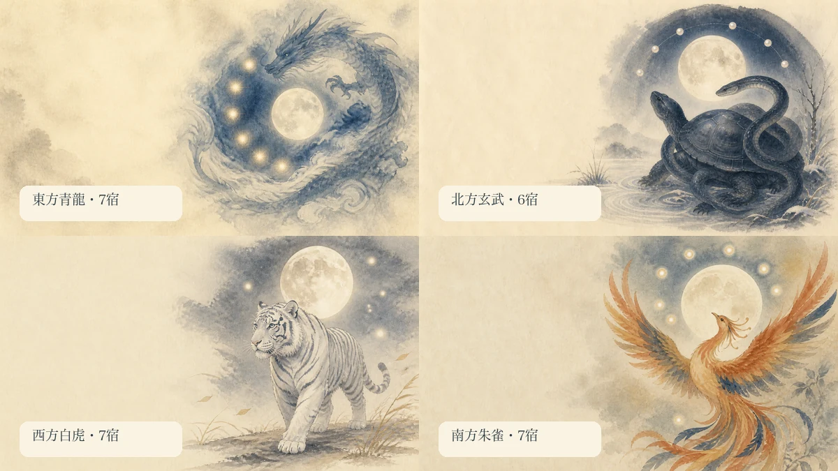 月の軌道と27宿を淡い水彩で描いた宿曜占星術の編集イラスト