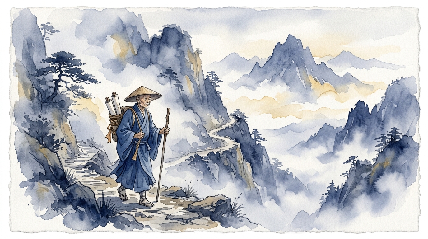 宿曜経を携えた僧侶が中国から日本へ渡る古代の旅路を描いた水彩イラスト