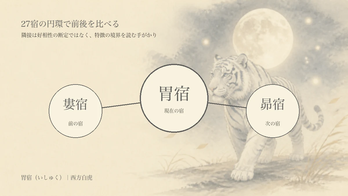 胃宿の強み・注意点・対人関係を3つの円で表した淡い編集イラスト