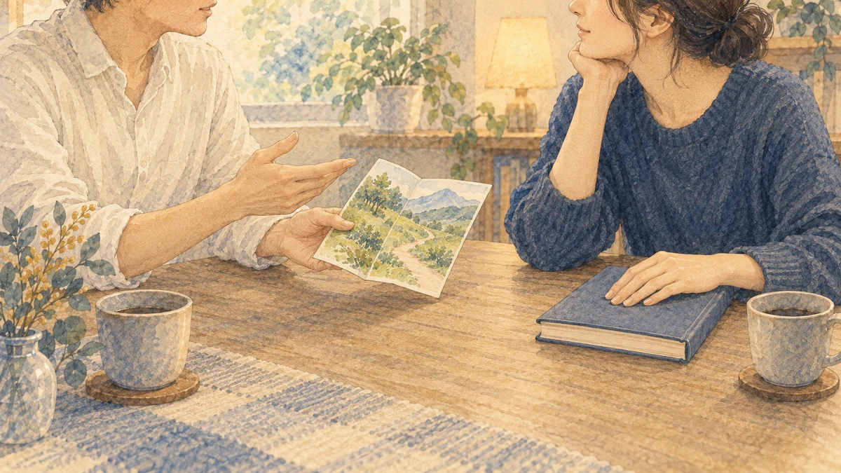 散策の案内と読書の本を前に、休日の希望を話す二人