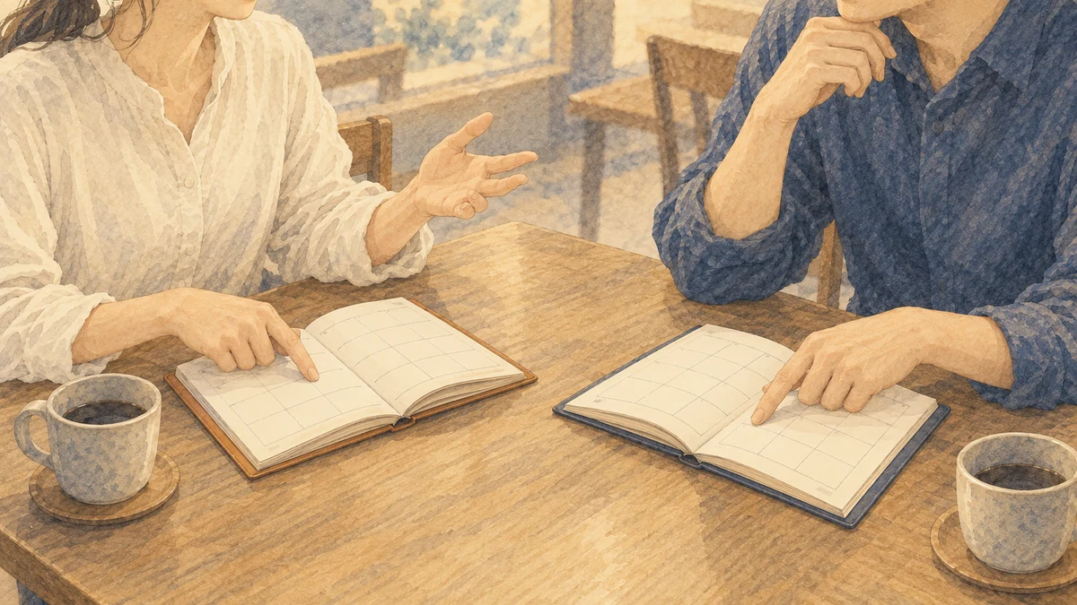 二人がそれぞれの手帳を開き、会える日を相談する