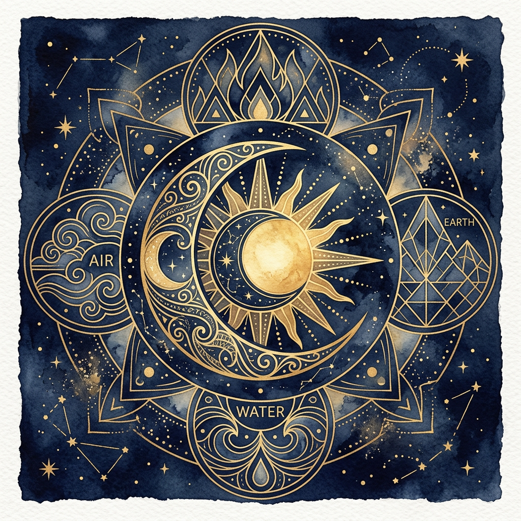 太陽と月の象徴と4エレメントの幾何学パターン