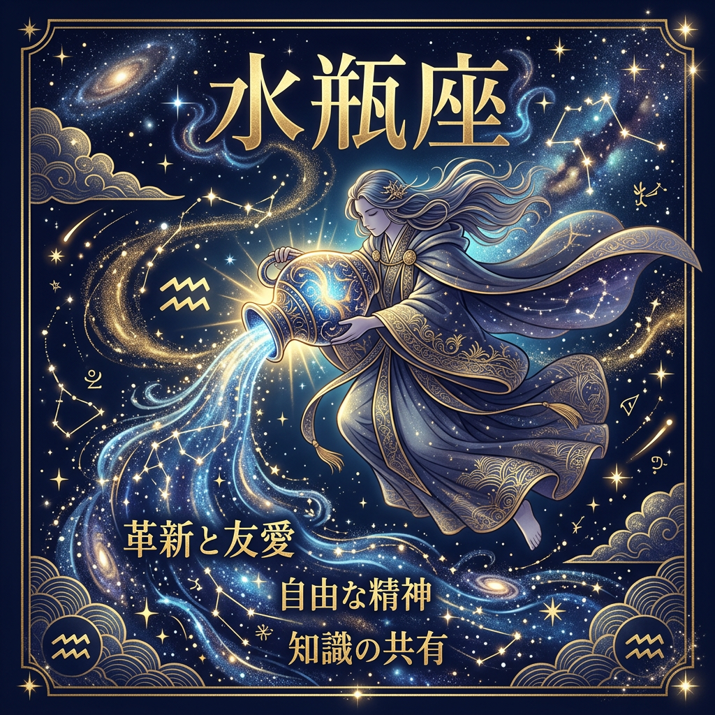 水瓶座のシンボルと特徴を示す西洋占星術イラスト