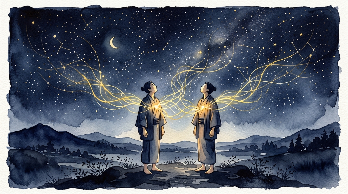 星空のもとで対等に向き合う二人の人物を描いた水彩イラスト