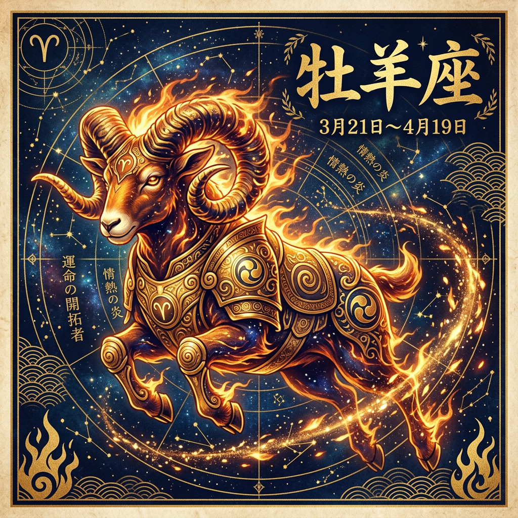 牡羊座のシンボルと特徴を示す西洋占星術イラスト