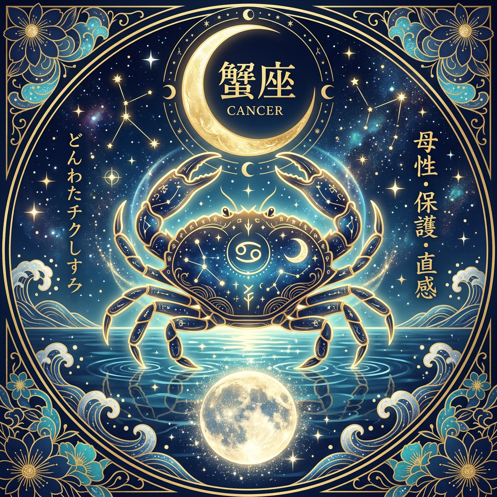蟹座のシンボルと特徴を示す西洋占星術イラスト