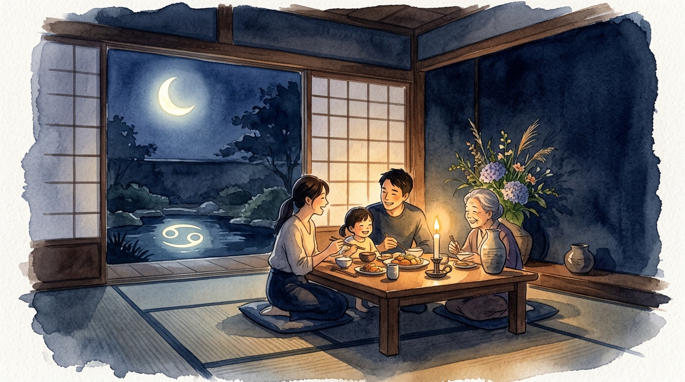 蟹座の守護星・月と家族・居場所をテーマにした水彩イラスト