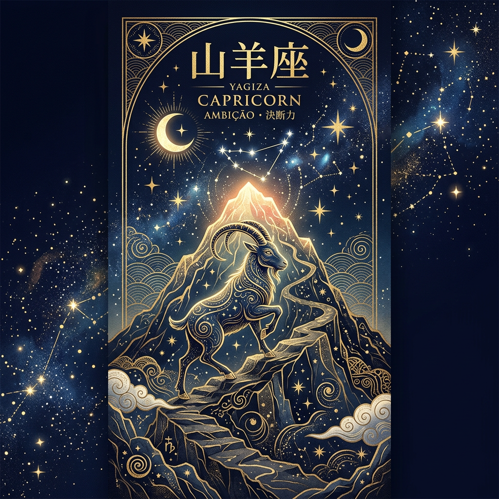 山羊座のシンボルと特徴を示す西洋占星術イラスト